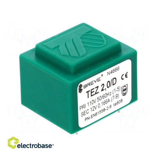 Transformer: encapsulated | 2VA | 110VAC | 12V | Mounting: PCB | IP00 image 1