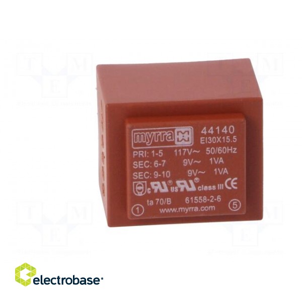 Transformer: encapsulated | 2VA | 117VAC | 9V | 9V | 111mA | 111mA | PCB image 3