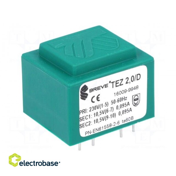 Transformer: encapsulated | 2VA | 230VAC | 10.5V | 10.5V | 95.2mA | PCB image 1