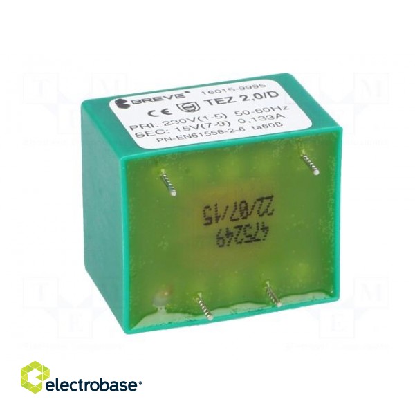 Transformer: encapsulated | 2VA | 230VAC | 15V | 133.3mA | PCB | IP00 image 5