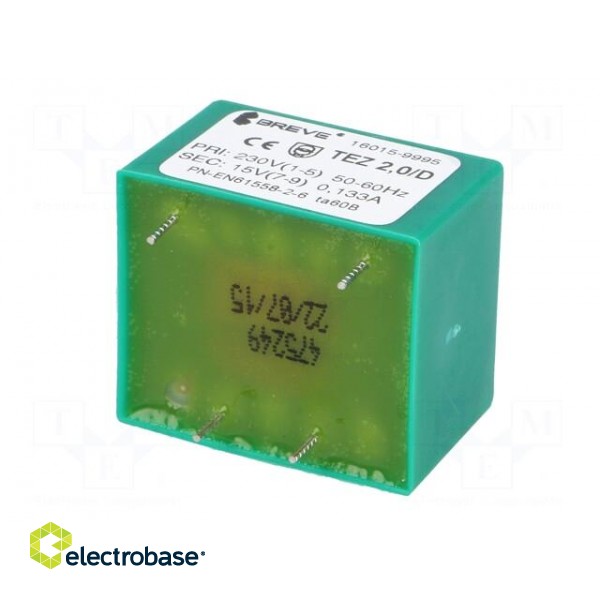 Transformer: encapsulated | 2VA | 230VAC | 15V | 133.3mA | PCB | IP00 image 6