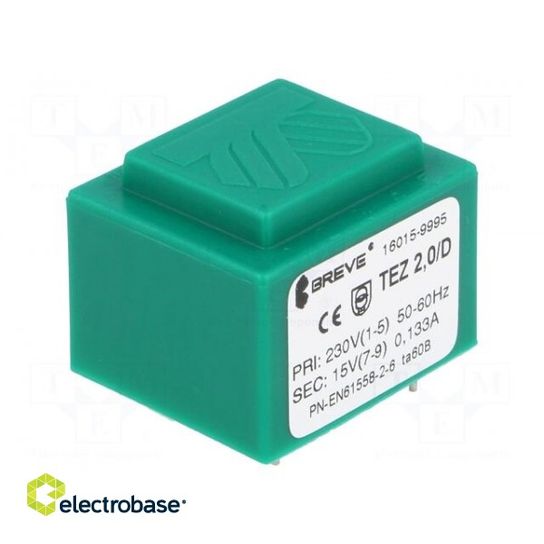 Transformer: encapsulated | 2VA | 230VAC | 15V | 133.3mA | PCB | IP00 image 1