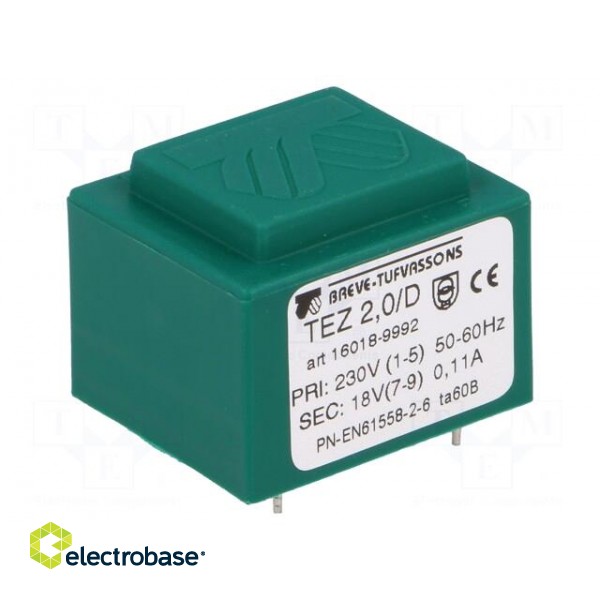 Transformer: encapsulated | 2VA | 230VAC | 18V | 111.1mA | Mounting: PCB фото 1