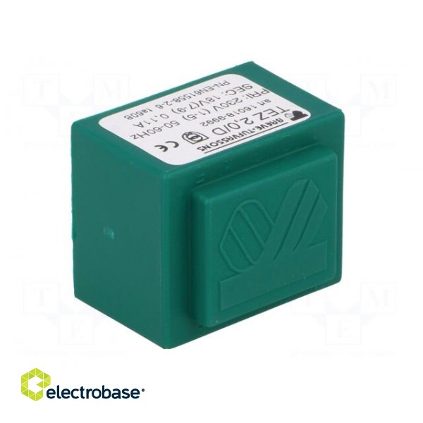 Transformer: encapsulated | 2VA | 230VAC | 18V | 111.1mA | Mounting: PCB фото 2