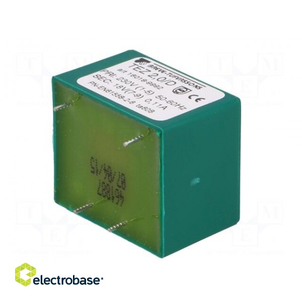 Transformer: encapsulated | 2VA | 230VAC | 18V | 111.1mA | Mounting: PCB фото 8