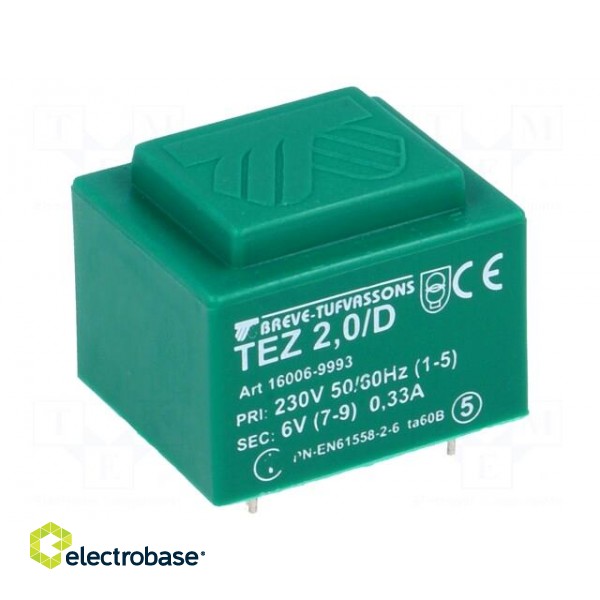 Transformer: encapsulated | 2VA | 230VAC | 6V | 333.3mA | PCB | IP00 | TEZ image 1