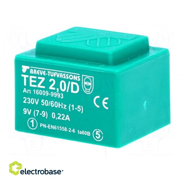 Transformer: encapsulated | 2VA | 230VAC | 9V | 222.2mA | PCB | IP00 | TEZ paveikslėlis 1
