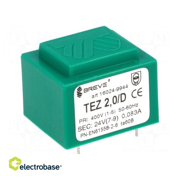 Transformer: encapsulated | 2VA | 400VAC | 24V | Mounting: PCB | IP00 image 1