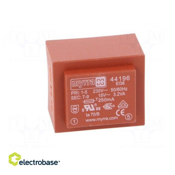 Transformer: encapsulated | 3.2VA | 230VAC | 15V | 213mA | Mounting: PCB image 3