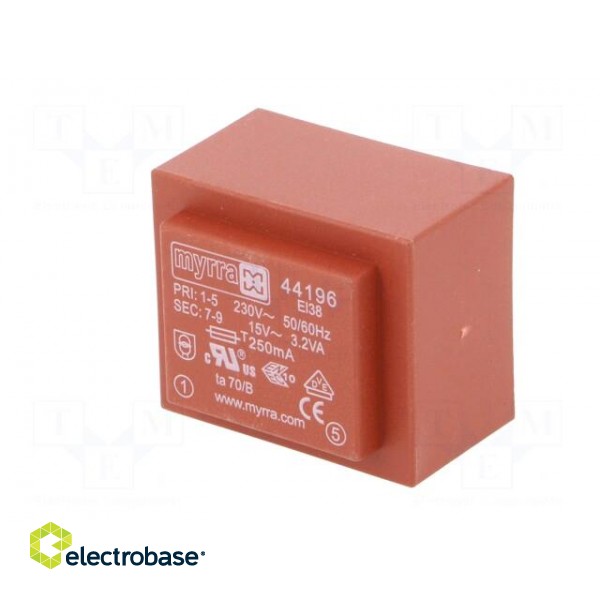 Transformer: encapsulated | 3.2VA | 230VAC | 15V | 213mA | Mounting: PCB image 4