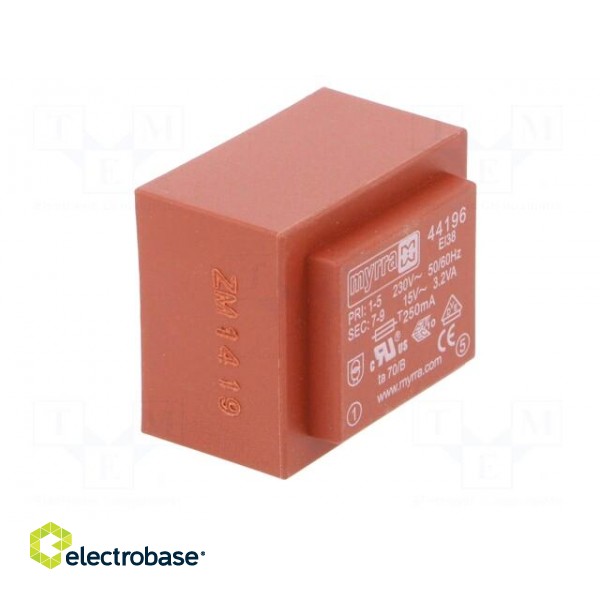 Transformer: encapsulated | 3.2VA | 230VAC | 15V | 213mA | Mounting: PCB image 2