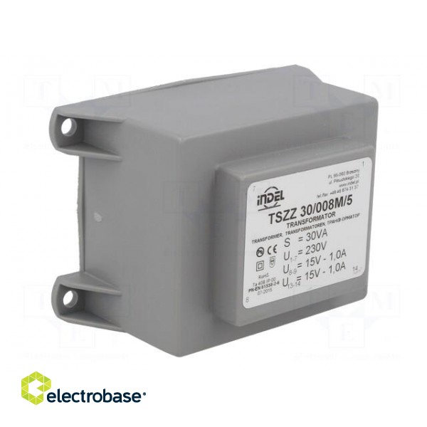 Transformer: encapsulated | 30VA | 230VAC | 15V | 15V | 1A | 1A | IP00 | 600g image 2