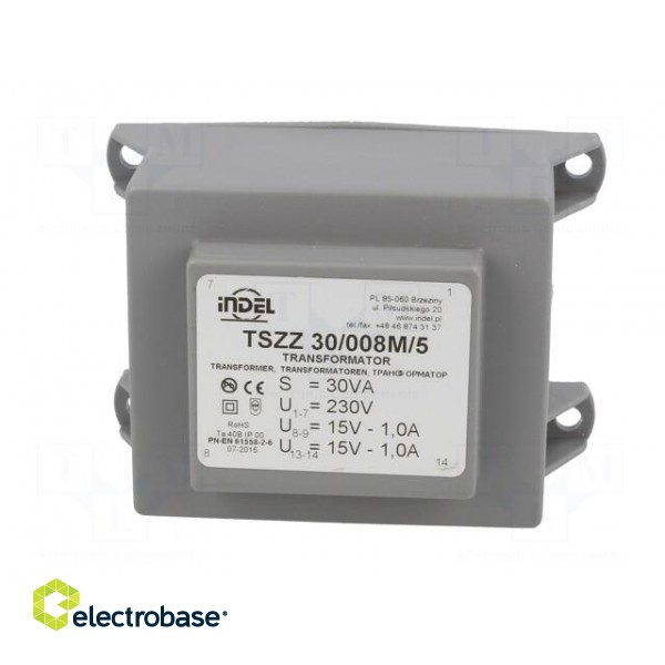 Transformer: encapsulated | 30VA | 230VAC | 15V | 15V | 1A | 1A | IP00 | 600g image 3