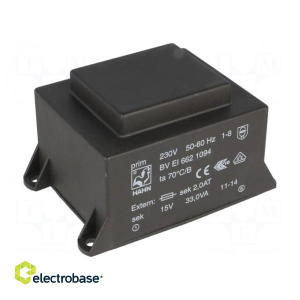 Transformer: encapsulated | 33VA | 230VAC | 15V | 2200mA | Mounting: PCB paveikslėlis 1