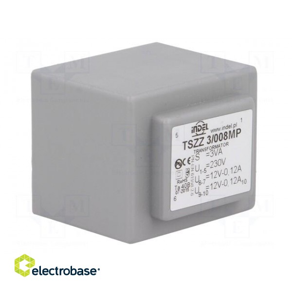 Transformer: encapsulated | 3VA | 230VAC | 12V | 12V | 0.12A | 0.12A | IP00 image 2