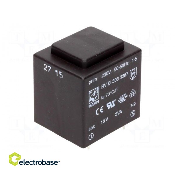 Transformer: encapsulated | 3VA | 230VAC | 15V | 200mA | Mounting: PCB image 1