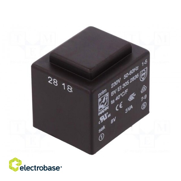 Transformer: encapsulated | 3VA | 230VAC | 8V | 375mA | Mounting: PCB paveikslėlis 1