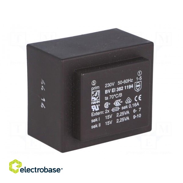 Transformer: encapsulated | 4.5VA | 230VAC | 15V | 15V | 150mA | 150mA image 2