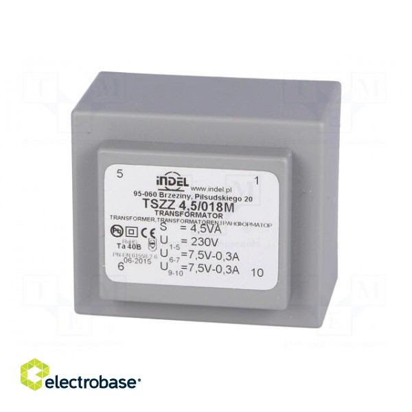 Transformer: encapsulated | 4.5VA | 230VAC | 7.5V | 7.5V | 0.3A | 0.3A image 3