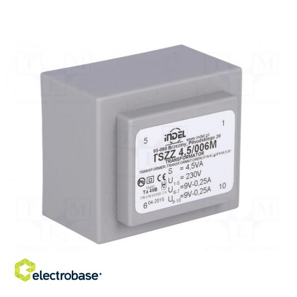 Transformer: encapsulated | 4.5VA | 230VAC | 9V | 9V | 0.25A | 0.22A | IP00 image 2