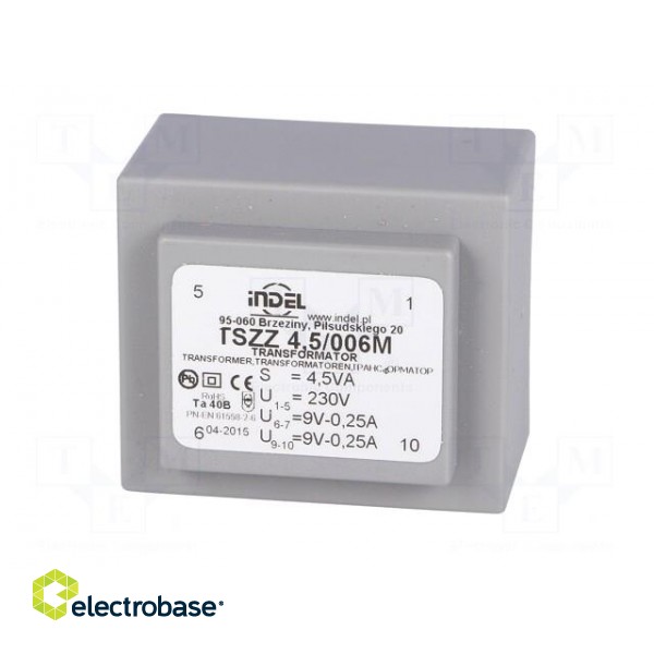 Transformer: encapsulated | 4.5VA | 230VAC | 9V | 9V | 0.25A | 0.22A | IP00 image 3