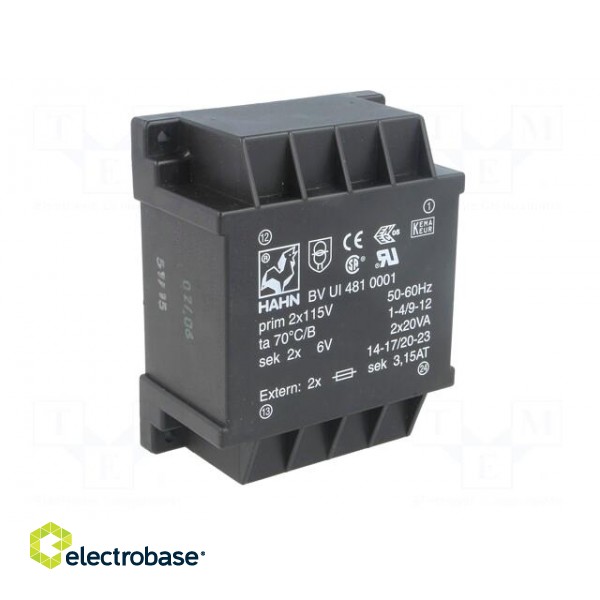 Transformer: encapsulated | 40VA | 115/115VAC | 6V | 6V | 3333mA | 3333mA image 2