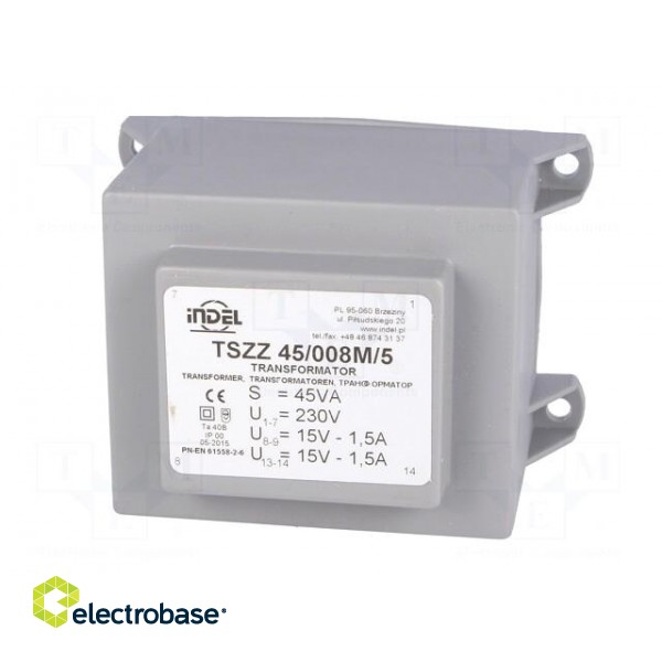 Transformer: encapsulated | 45VA | 230VAC | 15V | 15V | 1.5A | 1.5A | IP00 image 3