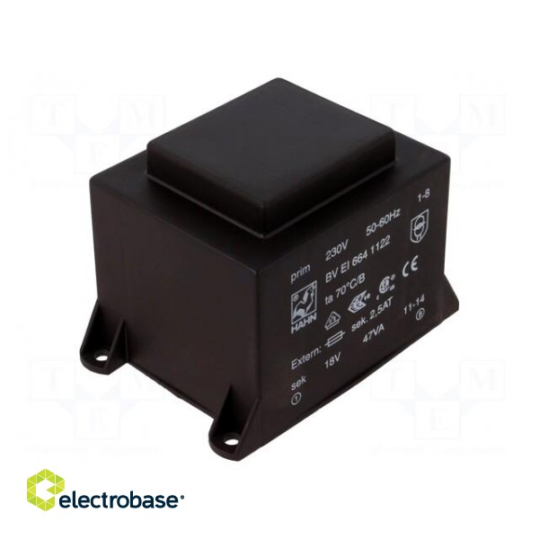 Transformer: encapsulated | 47VA | 230VAC | 18V | 2778mA | Mounting: PCB фото 1