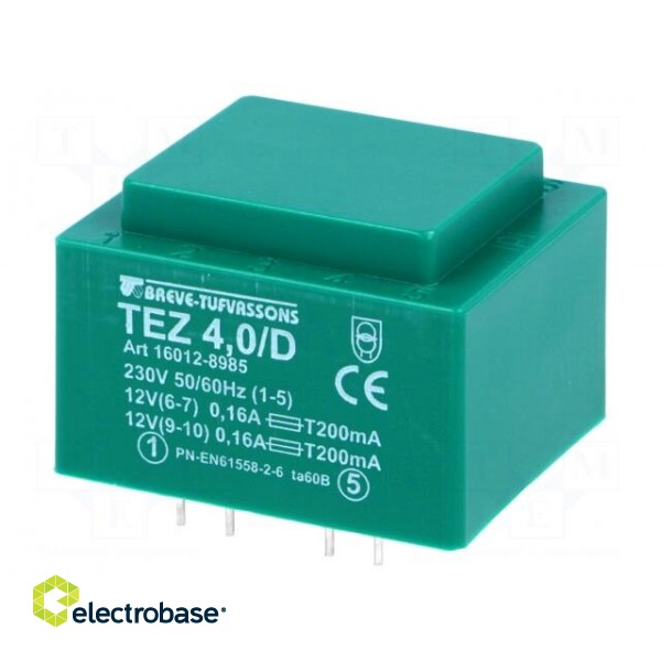 Transformer: encapsulated | 4VA | 230VAC | 12V | 12V | 166.6mA | 166.6mA image 1