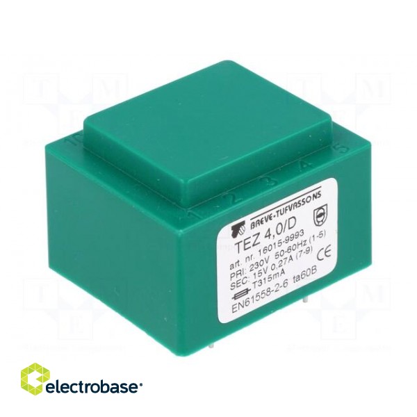 Transformer: encapsulated | 4VA | 230VAC | 15V | 266.6mA | Mounting: PCB