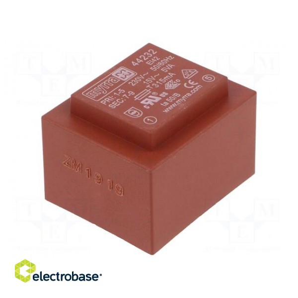 Transformer: encapsulated | 5VA | 230VAC | 15V | 333mA | Mounting: PCB paveikslėlis 1