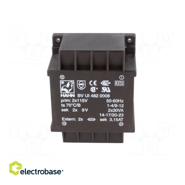 Transformer: encapsulated | 60VA | 115VACx2 | 9V | 9V | 3333mA | 3333mA image 3