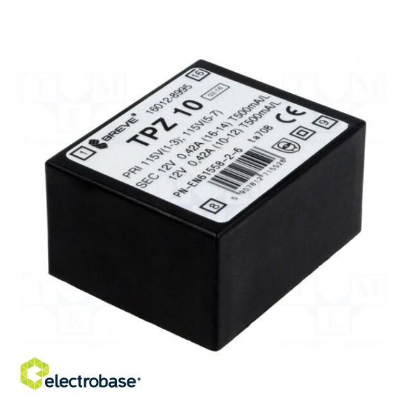 Transformer: mains | 10VA | 115/230VAC | 12V | 12V | Mounting: PCB | IP00 image 1