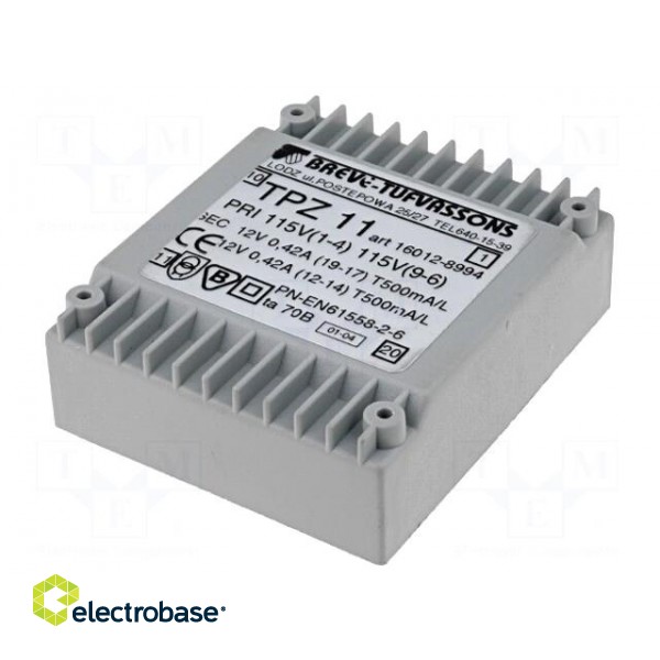 Transformer: mains | 11VA | 115VAC,230VAC | 12V | 12V | 458mA | PCB | IP00