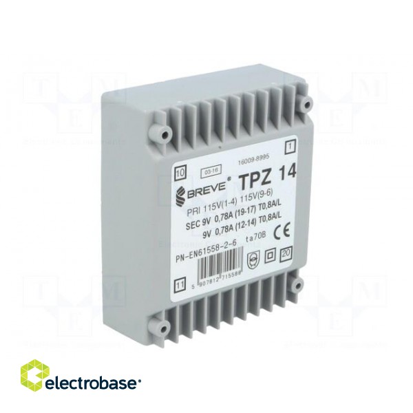 Transformer: mains | 14VA | 115VAC,230VAC | 9V | 9V | PCB | IP00 image 2