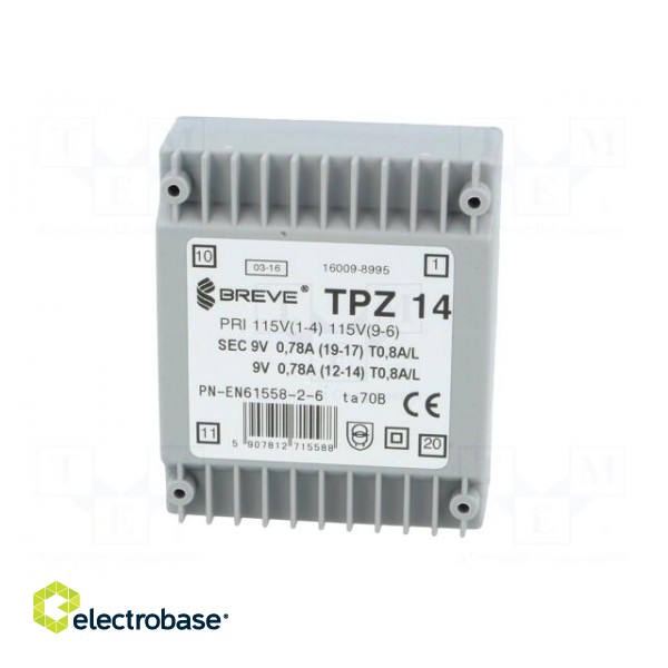 Transformer: mains | 14VA | 115VAC,230VAC | 9V | 9V | PCB | IP00 image 3