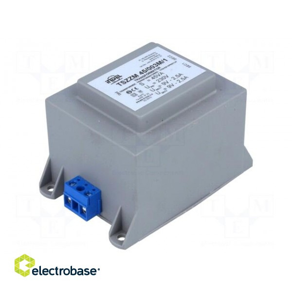 Transformer: encapsulated | 45VA | 230VAC | 9V | 9V | 2.5A | screw type image 1