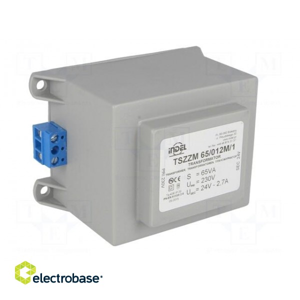 Transformer: encapsulated | 65VA | 230VAC | 24V | 2.5A | 1kg | IP00 image 2