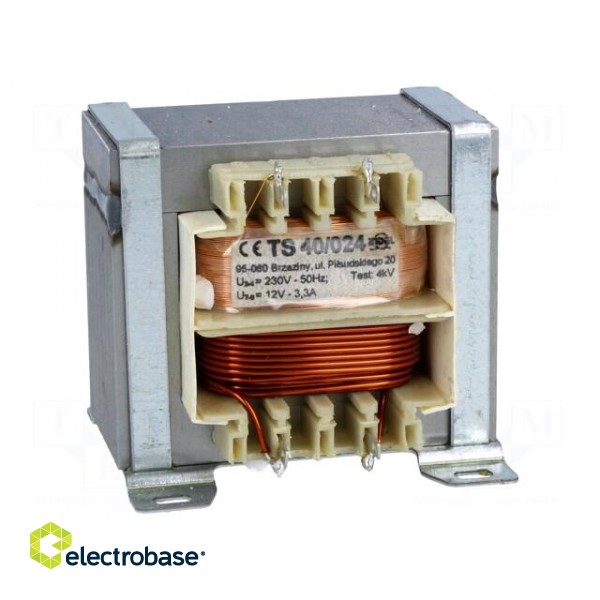 Transformer: mains | 40VA | 230VAC | 12V | 3.3A | Leads: solder lugs image 1