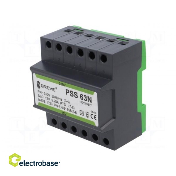 Transformer: mains | 63VA | 230VAC | 12V | IP30 | Mounting: DIN image 1