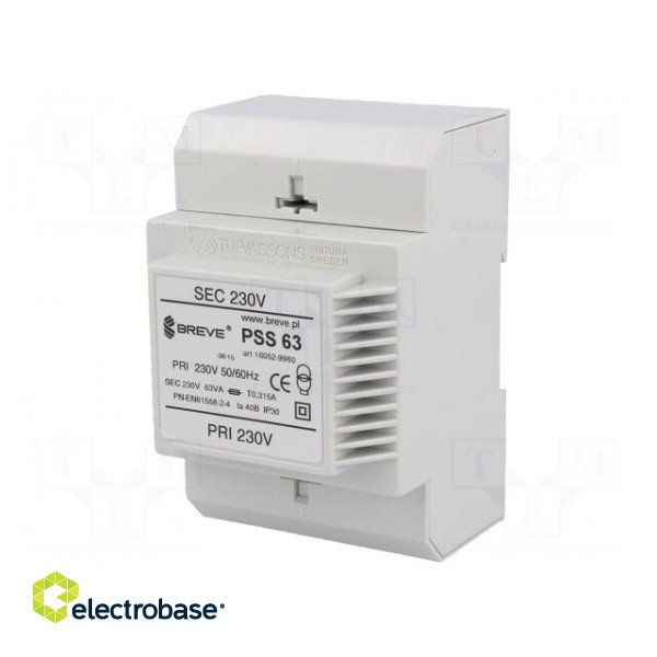 Transformer: mains | 63VA | 230VAC | 230V | IP30 | Mounting: DIN | 1.1kg image 1