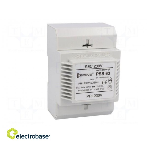 Transformer: mains | 63VA | 230VAC | 230V | IP30 | Mounting: DIN | 1.1kg image 9