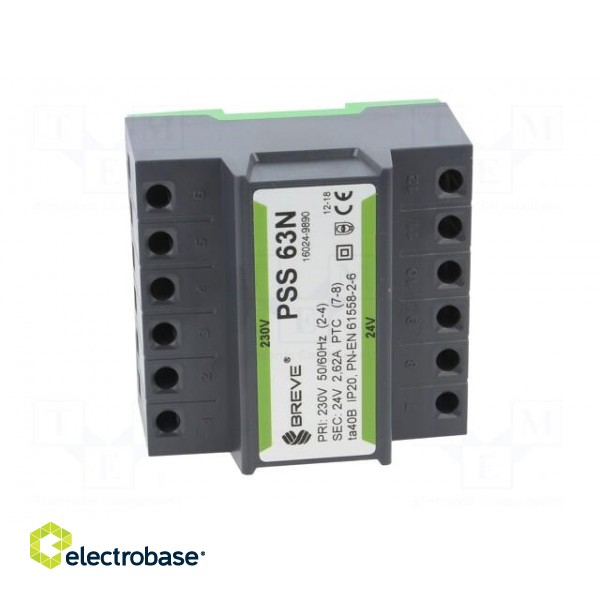 Transformer: mains | 63VA | 230VAC | 24V | IP30 | Mounting: DIN image 9