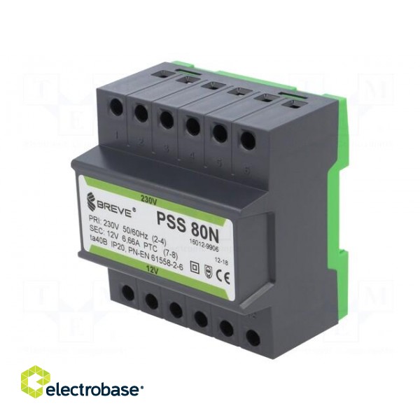 Transformer: mains | 80VA | 230VAC | 12V | IP30 | Mounting: DIN image 1