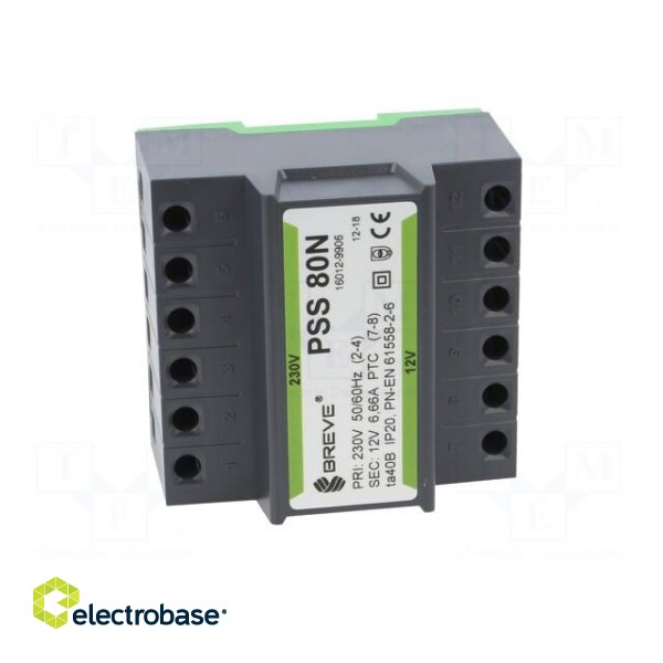 Transformer: mains | 80VA | 230VAC | 12V | IP30 | Mounting: DIN image 9