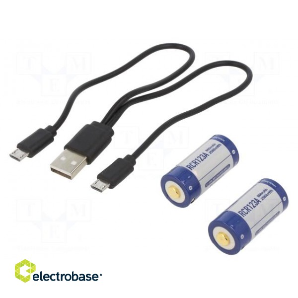 Re-battery: Li-Ion | 16340 | 3V | 860mAh | Ø16.7x36mm | Kit: USB cable paveikslėlis 1