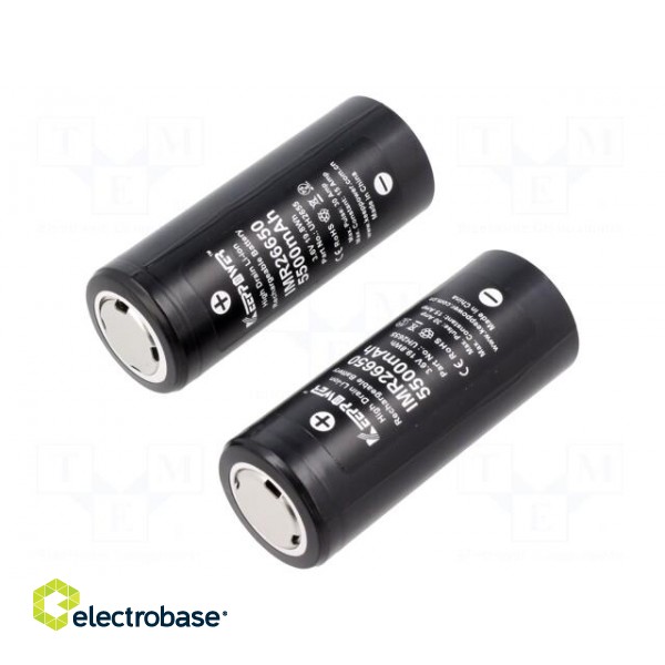 Re-battery: Li-Ion | 26650 | 3.7V | 5500mAh | Ø26.5x67mm | 15A | 2pcs. image 1