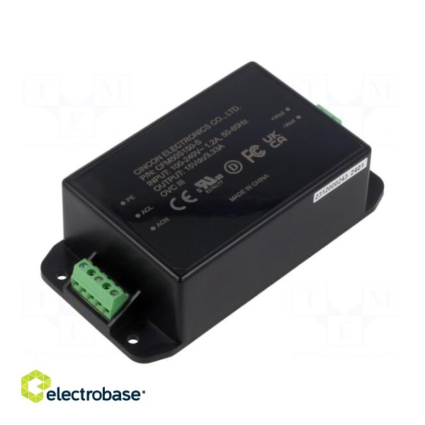 Power supply: switched-mode | 50W | 15VDC | 3.33A | 55.2x106.6x30.5mm image 1