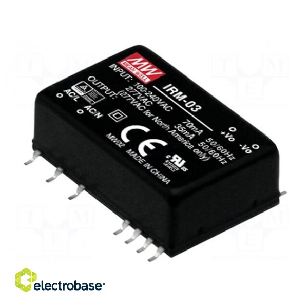 Power supply: switched-mode | modular | 3W | 3.3VDC | 37x24x16mm | 0.9A