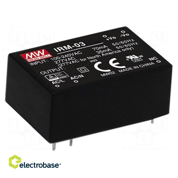 Power supply: switched-mode | modular | 3W | 12VDC | 37x24x15mm | 0.25A